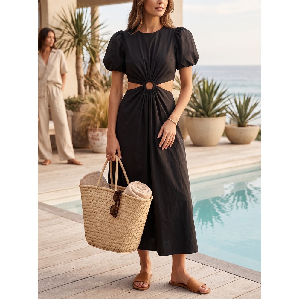 Coastal Concepcion Black Poplin Cutout O-Ring‎ Puff Sleeve Midi Dress M